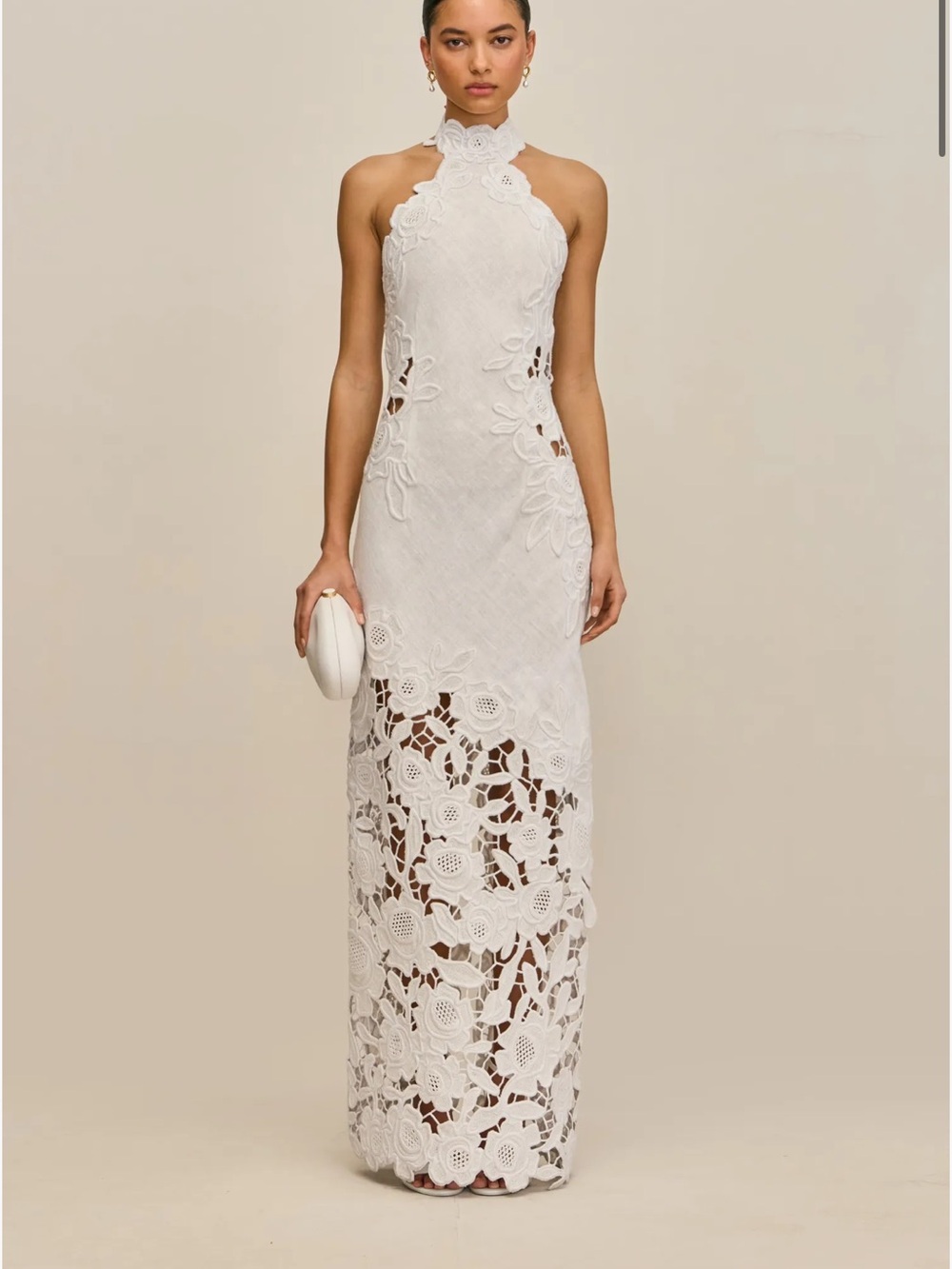 Elegant White Halter Lace Maxi Dress